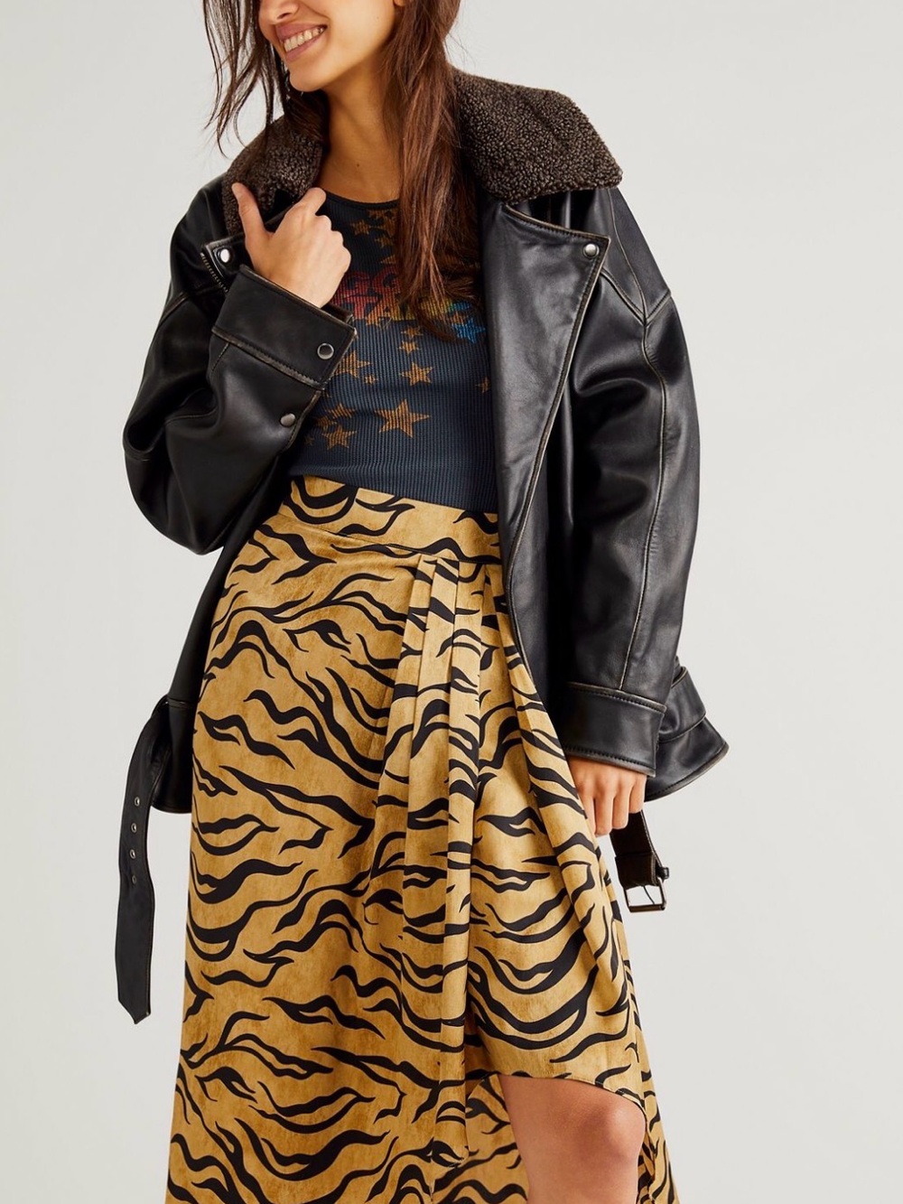 Scotch & Soda XS Tan and Black Animal Print Midi Skirt